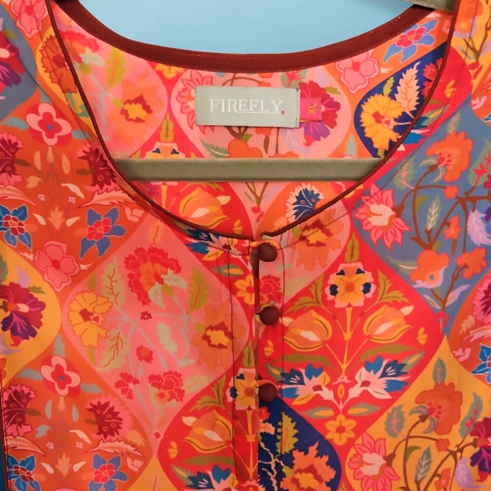 Firefly Women's XL Blue Tie-Dye Floral Embroidered Panel Tunic PTP 22" Length 23 - Picture 3 of 5